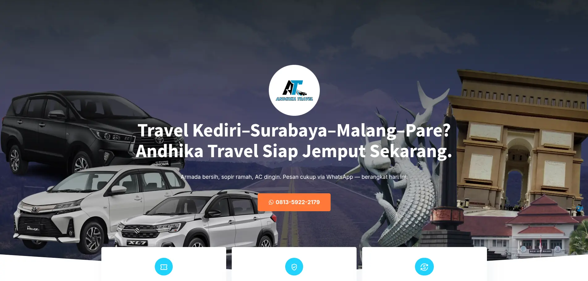Tampilan website Andhika Travel — jasa agen travel Kediri & Jawa Timur
